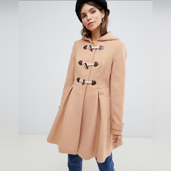 ASOS Camel Duffle swing fit pea coat w hood pockets - Picture 1 of 6